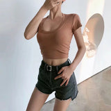 Women T-shirt Summer High Waist T-shirt Short Cotton Top
