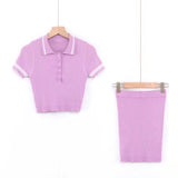 Women Skirt Suit Spring Lapel Short Sleeve Slim Knit Skirt