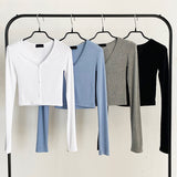 Women Long Sleeve Shirt Short V-neck Cardigan Base Shirt