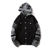 Men Denim Jacket Men's Spring and Autumn Loose Long Sleeve Stitching Hooded Jacket