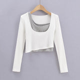 Women T-Shirt Long-Sleeved T-shirt Women's Short Contrast Color Top
