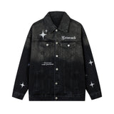 Men Denim Jacket XINGX Embroidered Denim Jacket Male and Female Couples Wear Washed Distressed Jacket