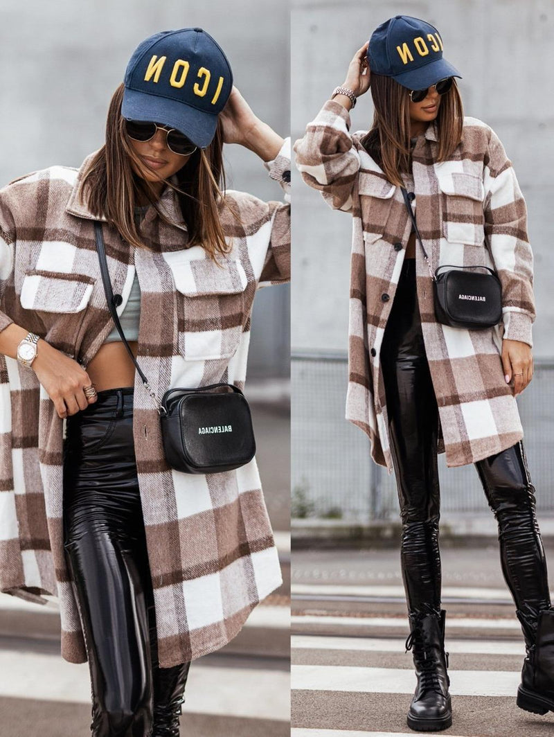 Plaid Trench Coat Mid-Length Plaid Printed Coat