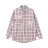 Men Long Sleeved T Shirt Plaid Letters Embroidered Shirt Coat Ins Leisure Cargo