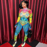 Women Jumpsuit Winter Fashion Printing Slim Fit Long Sleeve Jumpsuit