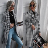 Plaid Trench Coat Houndstooth Print Long Woolen Coat