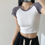 Women T-Shirt Contrast Color Short-Sleeved T-shirt Women's Summer round Neck
