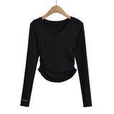 Women T-Shirt Waist Pleated Design V-neck Bottoming Shirt Women's Autumn