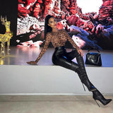Women Jumpsuit round Neck Long Sleeve Sexy Leopard Print Jumpsuit