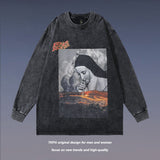 Men Long Sleeve Shirt Vintage Distressed Washed Printed Long Sleeve T-shirt Bottoming Shirt for Men and Women