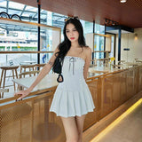 Women Dresses Pleated Skirt Lace Trim Tied Dress Miniskirt