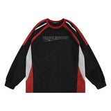 Men Hoodie Letter Embroidery Color-Block Crew Neck Sweatshirt Sports Long Sleeve Pullover Top