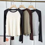 Women T-Shirt Long Sleeve T-shirt Female Contrast Color Slim Fit Autumn Winter Coat