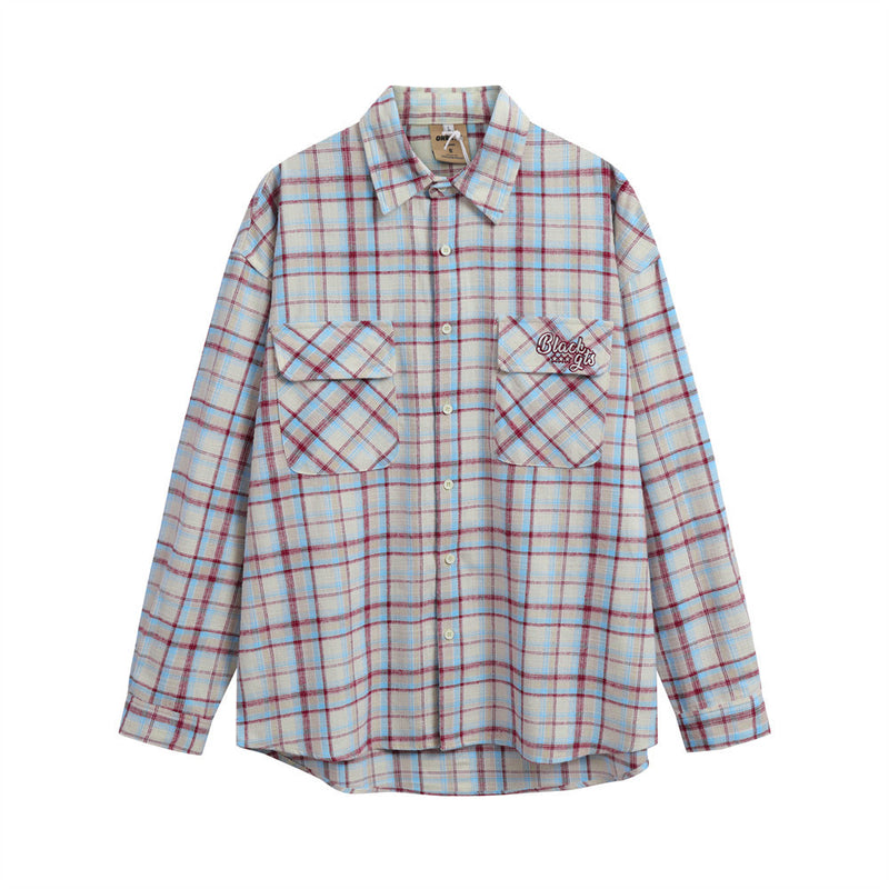 Men Long Sleeved T Shirt Plaid Long Sleeve Shirt Men's Casual Loose Spring and Autumn Embroidered Shirt Coat