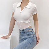Women T-Shirt Spring/Summer Lapel Mesh Stitching Fashion Tight