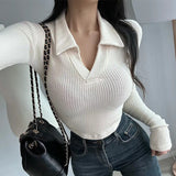Women Long Sleeve Shirt Polo Collar Waist-Controlled Long Sleeves Top Women's Short