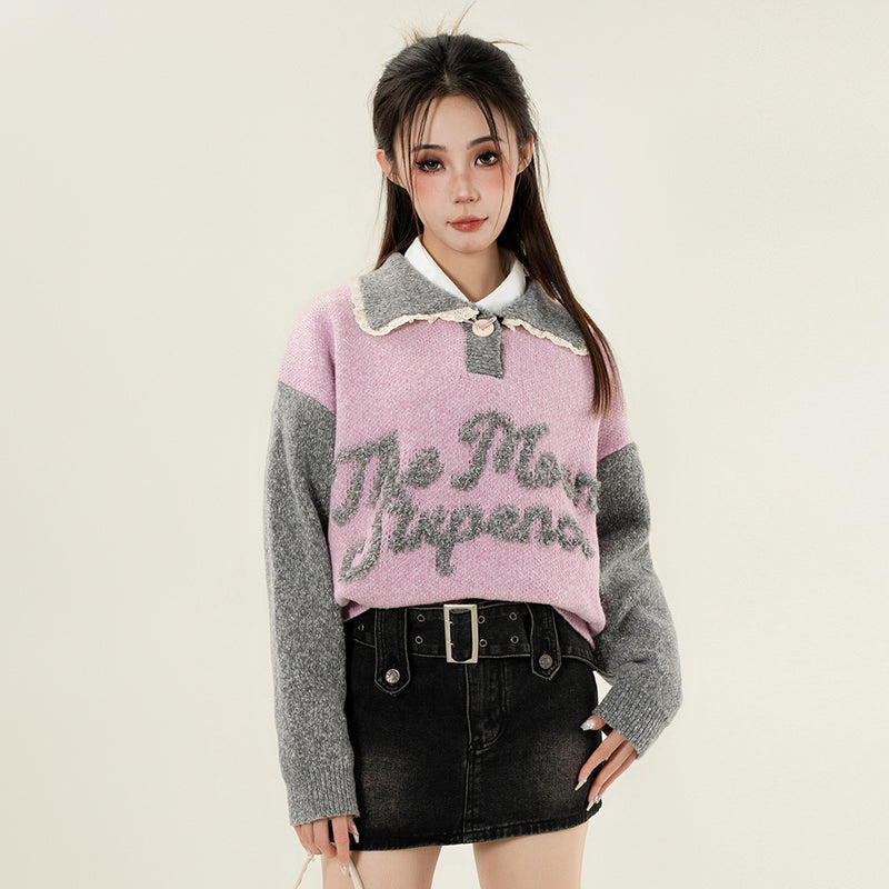 Women Sweater Color Matching Letters Sweater Women's Loose Autumn Sweater