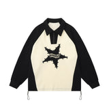 Men Hoodie Five-Pointed Star Embroidered Sweater Men's Loose Color Contrast Patchwork Lapel