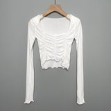 Women Long Sleeve Shirt Short V-neck Base Shirt Solid Color Slim Fit
