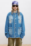 Unisex Jacket Autumn Stand Collar Raw Edge Denim Jacket Women's Clothing