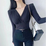 Women Long Sleeve Shirt V-neck Long Sleeve Bottoming Shirt Slim Fit Slimming Waist Trimming Short