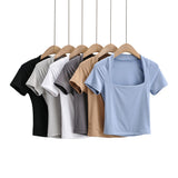 Women T-Shirt T-shirt Summer Short Sleeve Solid Color Short Slim Fit