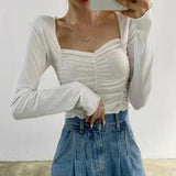 Women Long Sleeve Shirt Short V-neck Base Shirt Solid Color Slim Fit