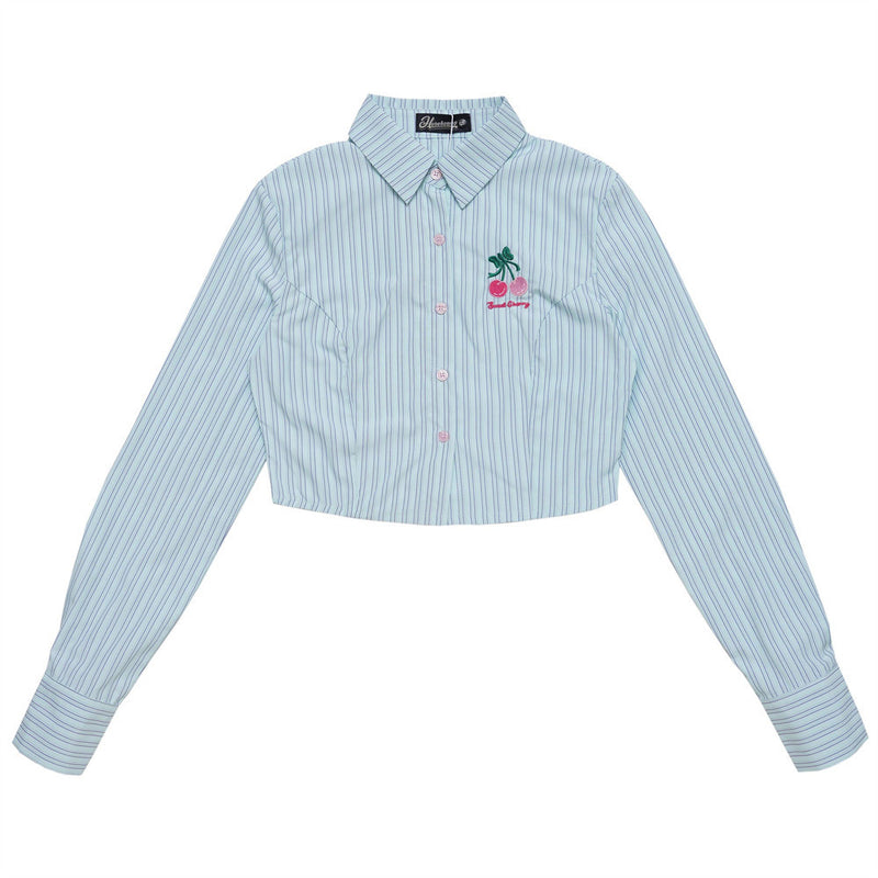 Women Long Sleeve Shirt Women's Spring and Autumn Leisure Embroidered Short Long Sleeve Shirt with Vertical Stripes