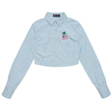 Women Long Sleeve Shirt Women's Spring and Autumn Leisure Embroidered Short Long Sleeve Shirt with Vertical Stripes