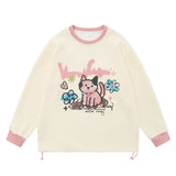 Men Hoodie Cartoon Kitten Graffiti Printing Sweater Boys Stitching round Neck Loose Top