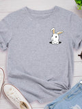 Pocket Bunny Print Women T Shirt Short Sleeve O Neck
