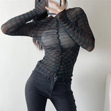 Women T-Shirt Long Sleeve Bottoming Shirt Personality Mesh Sun-Protective Clothing