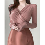 Women Long Sleeve Shirt Slim Fit Slimming V-neck Long Sleeve Top Women