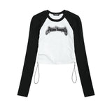 Women Long Sleeve T-Shirt Letters Embroidered Long Sleeve T-shirt Women's round-Neck Color Matching Short