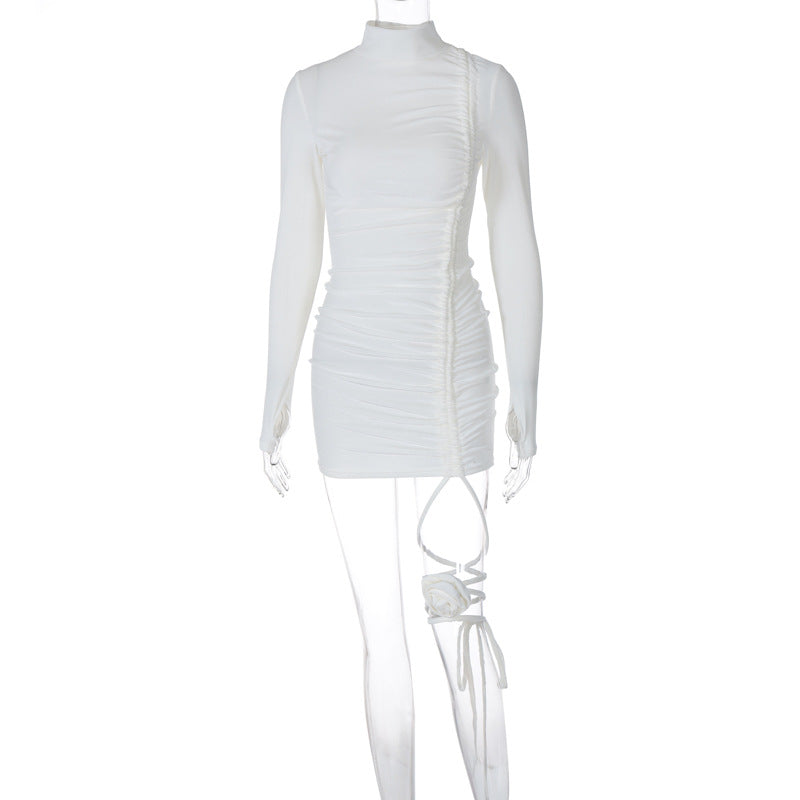 Women Dresses Winter Suede Drawstring Long Sleeve Narrow Dress