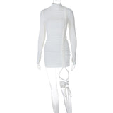 Women Dresses Winter Suede Drawstring Long Sleeve Narrow Dress
