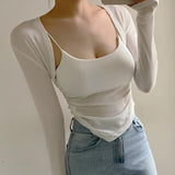 Women Long Sleeve Shirt Short Pleated Suspender Vest