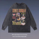 Men Long Sleeve Shirt Rodman Printed Vintage Long Sleeve T-shirt Men and Women Retro Washed Distressed