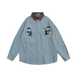 Men Long Sleeved T Shirt Embroidered Long Sleeve Shirt Men's Spring and Autumn Vertical Stripes Contrast Color Shirt Coat Vintage