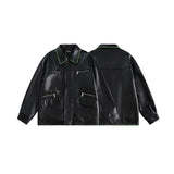 Unisex Jacket Autumn Contrast Color Embroidered Edge Leather Coat