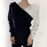 Women Long Sleeve Shirt V-neck Long Sleeve Top Contrast Color