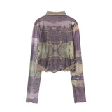 Women Long Sleeve T-Shirt Printed Half-High Collar Long Sleeves T-shirt Casual
