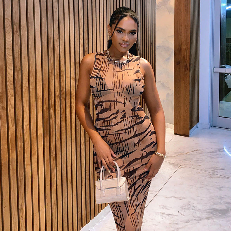 Women Desses Printed round Neck Sleeveless Dress Hip Skirt