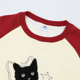 Men Hoodie Flocking Black Cat Embroidered Crew Neck Sweater