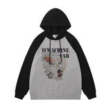 Men Hoodie Kitten Printed Hoodie Men's Color Contrast Patchwork Raglan Sleeve Pullover Hoodie