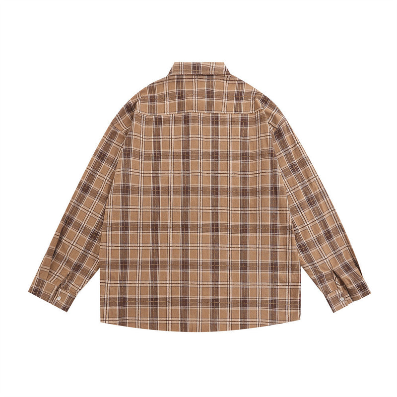 Men Long Sleeved T Shirt Loose Plaid Long Sleeve Shirt Men Casual Embroidery Letter Vintage Shirt