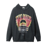 Men Hoodie Flame Car Printed Hoodie Loose Leisure Pullover Hoodie Washed and Worn out