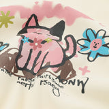 Men Hoodie Cartoon Kitten Graffiti Printing Sweater Boys Stitching round Neck Loose Top