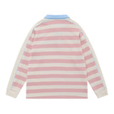 Men Hoodie Striped Stitching Lapel Sweater Loose Contrast Color Polo Shirt Long Sleeve Top