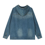 Men Denim Jacket Hooded Denim Hoodie Men's Loose Leisure Washed-out Distressed Pullover Coat Autumn